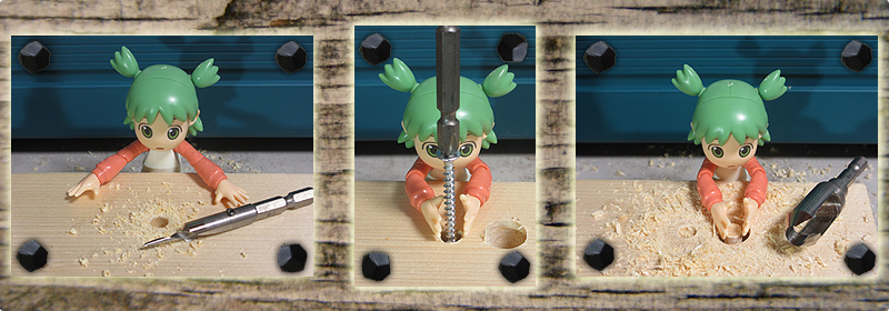 電動ドライバードリルに取り付けた皿取錐と埋木錐